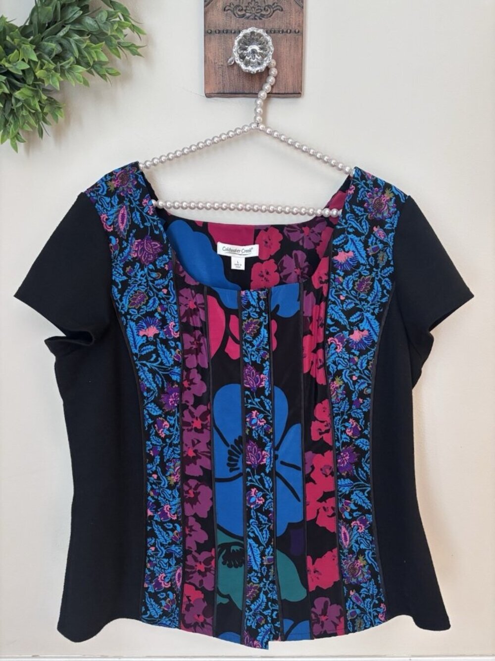 Coldwater Creek Womens Size L Black Blouse Colorful Floral Panels Short Sleeve